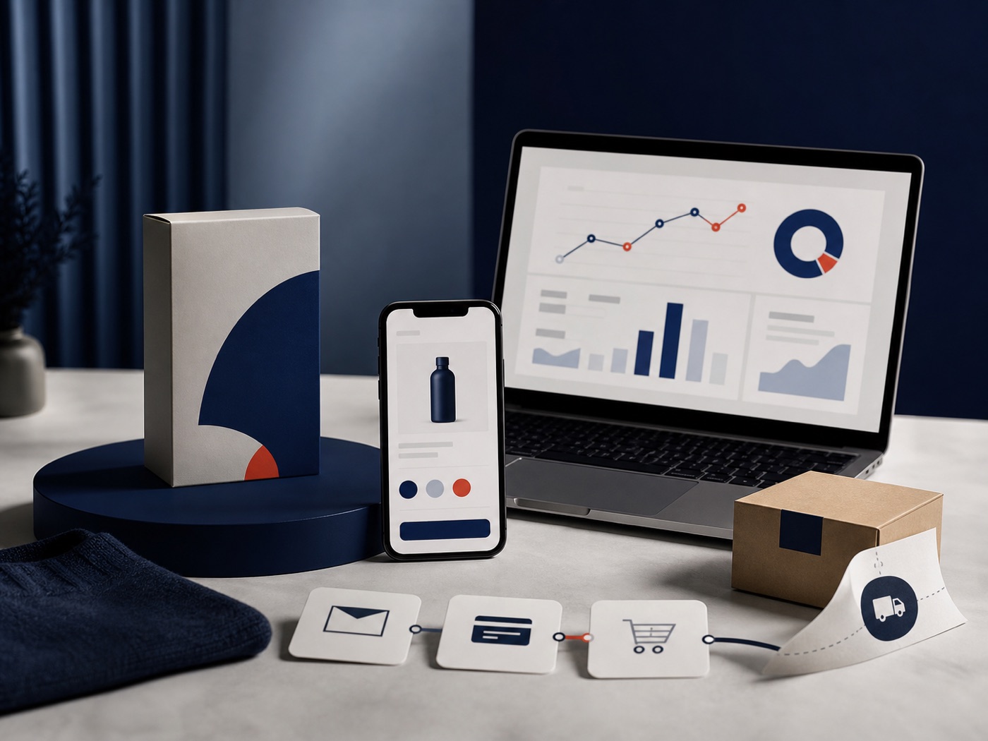 A connected e-commerce system with product, storefront, and analytics