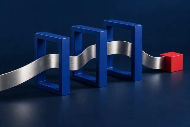 Conceptual photograph of a silver ribbon connecting three blue frames