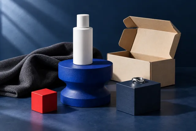 Conceptual product photography with retail packaging, a bottle, fabric, and a silver ring
